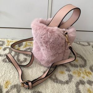 Faux Fur Bucket Shoulder Drawstring Bag in Pink Color - Used Like New
